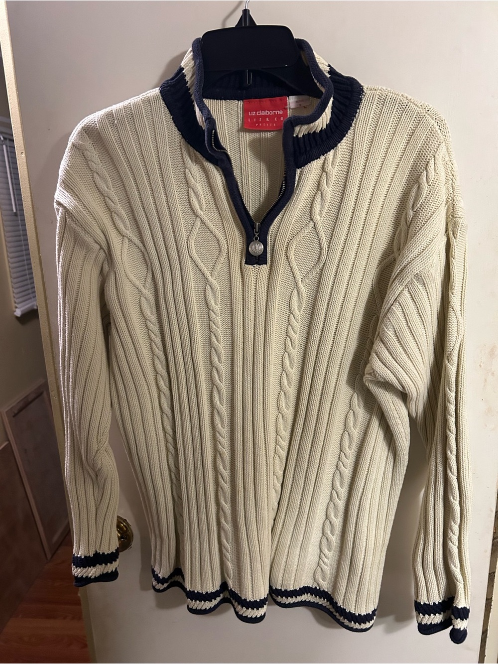 Liz Claiborne Womens Cream Cable-Knit Quarter-Zip Sweater
